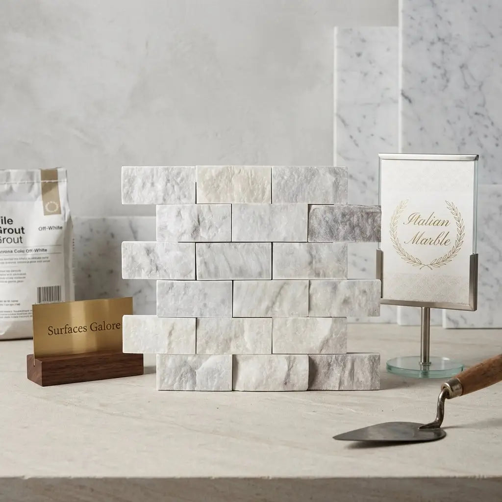 Stack of carrara white 2x4 brick mosaic marble tile split-faced with subtle gray veining arranged in staggered pattern