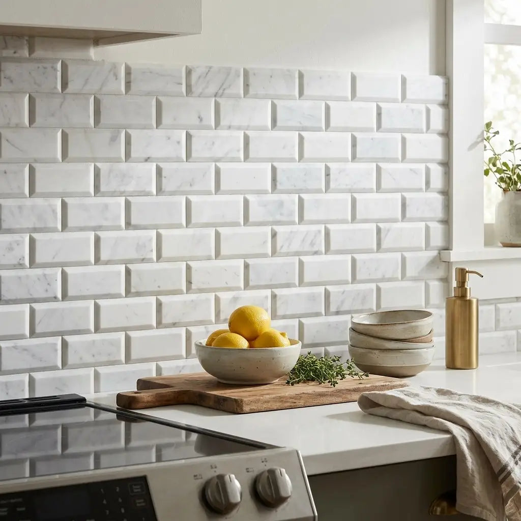A ceramic bowl with bright yellow lemons on a rustic wooden board beside polished honed carrara white 2x4 marble tile mosaic