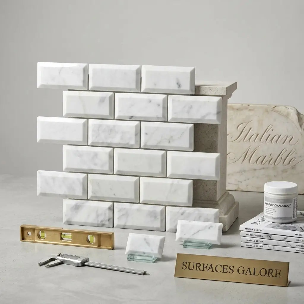 Carrara white 2x4 deep-beveled brick mosaic marble tile polished-honed with white marble subway tiles and subtle gray veining