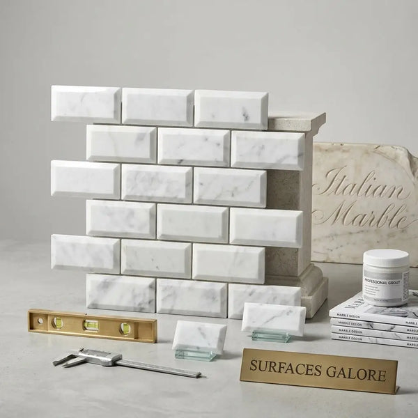 Carrara white 2x4 deep-beveled brick mosaic marble tile polished-honed with white marble subway tiles and subtle gray veining