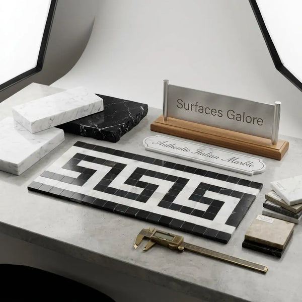 Carrara white 3 1/2x7 black and white geometric mosaic tile with greek key pattern polished or honed finish