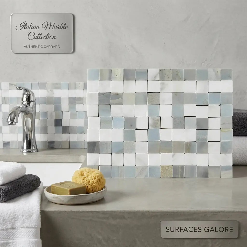 Carrara white italian marble mosaic tile panel with light gray and white greek key border in polished or honed finish