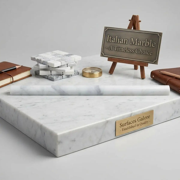 Carrara White 3/4x12 bullnose liner made of white Italian marble with subtle gray veining and polished finish