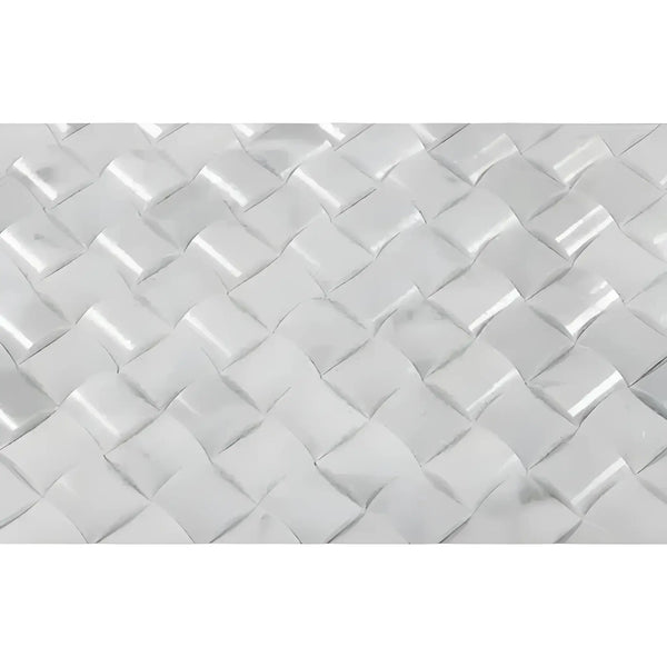 Woven white marble tile pattern of Carrara White 3-D Small-Bread Mosaic Tile