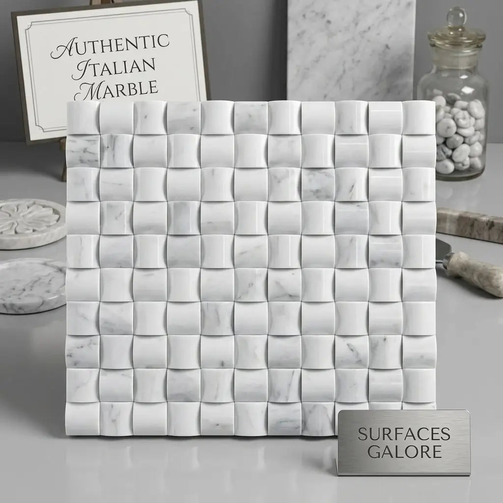 Carrara white 3-d small-bread mosaic marble tile in polished or honed finish with raised interlocking square design