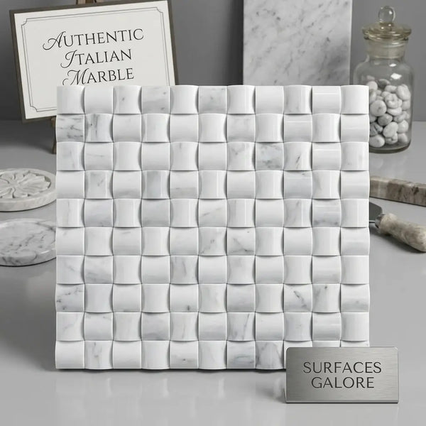 Carrara white 3-d small-bread mosaic marble tile in polished or honed finish with raised interlocking square design