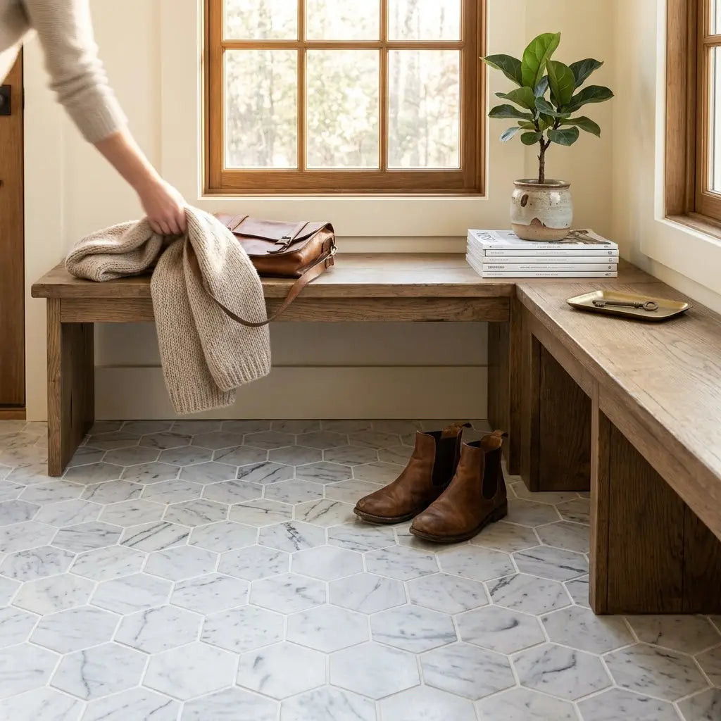 Brown leather satchel with visible strap resting on wooden bench displayed alongside carrara white 3 inch hexagon mosaic marble tile polished or honed