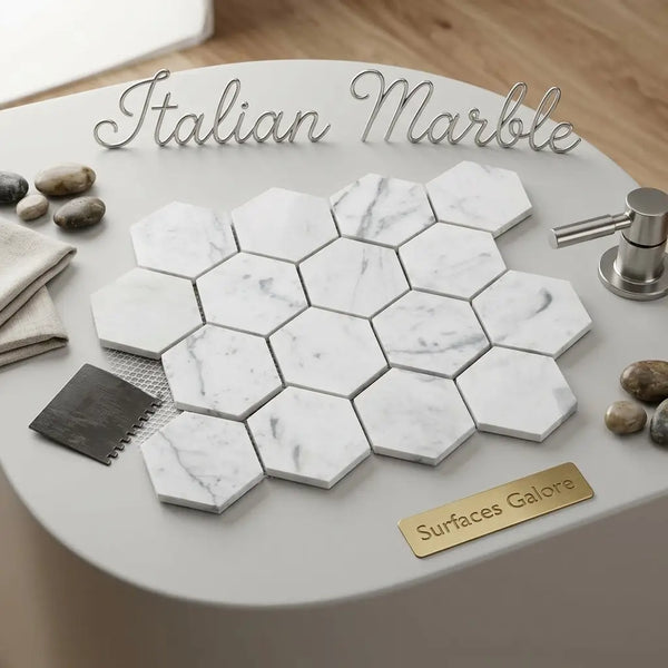 Carrara White 3 inch hexagon mosaic marble tile polished or honed with white italian marble and subtle gray veining in honeycomb pattern