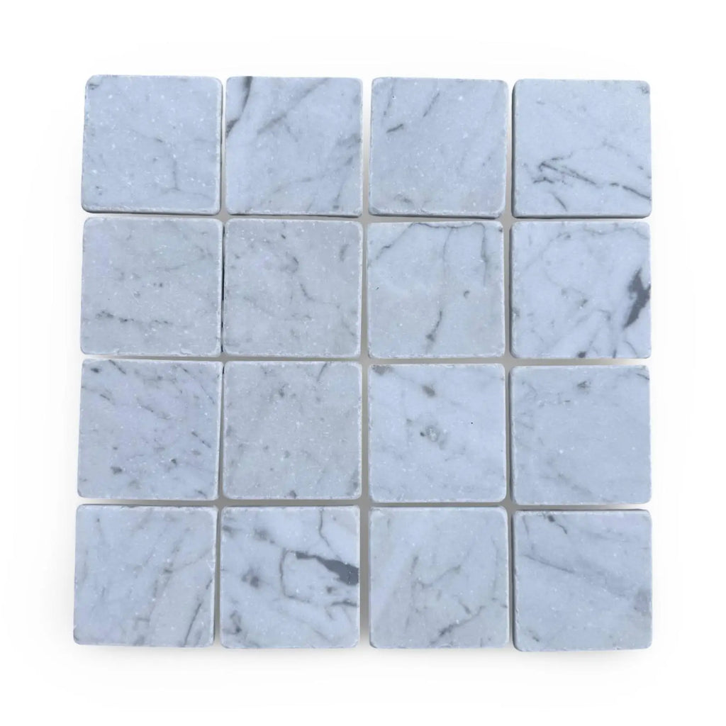 Carrara White 3x3 Tumbled marble tile grid with gray veining for elegant flooring or backsplash