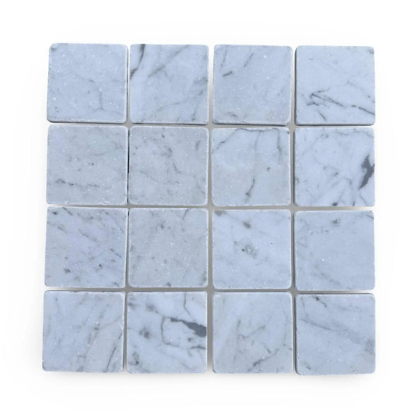 Carrara White 3x3 Tumbled marble tile grid with gray veining for elegant flooring or backsplash