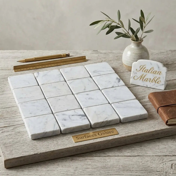 Carrara white 3x3 tumbled white italian marble tiles with subtle gray veining arranged on a wooden display board