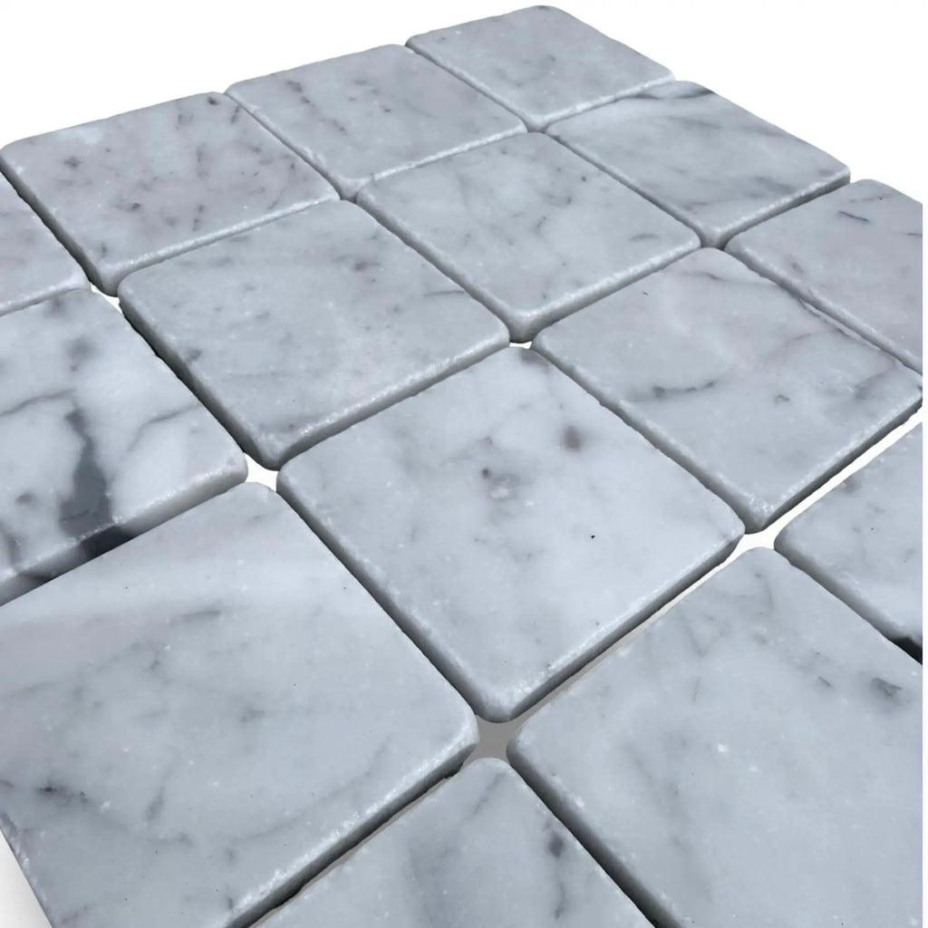 Carrara White 3X3 Tumbled white marble mosaic tiles with rounded edges