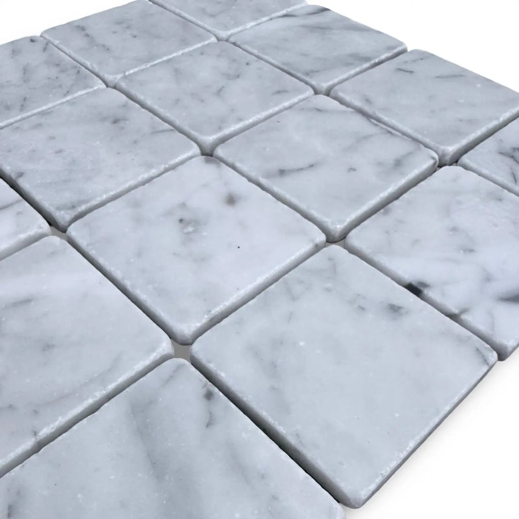 Carrara White 3x3 Tumbled marble mosaic tiles with elegant gray veining