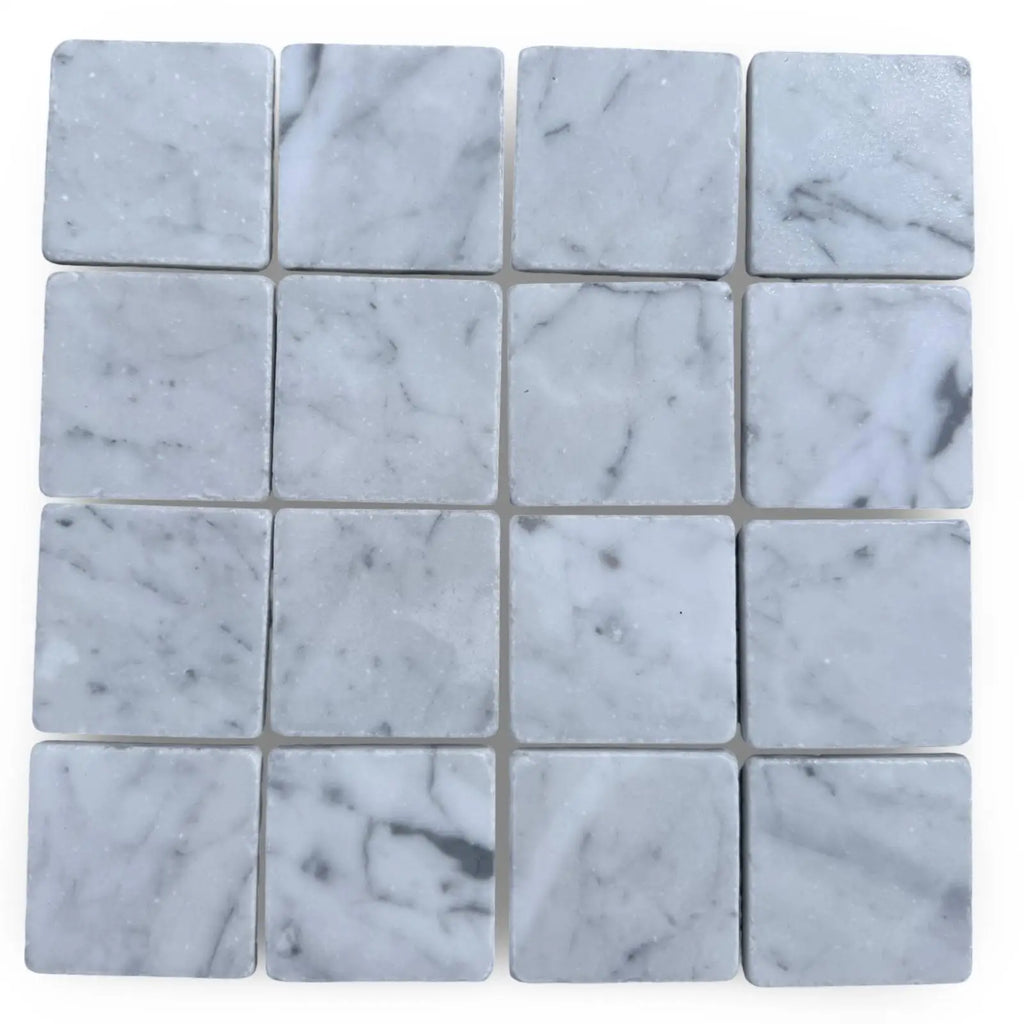 Polished Carrara White 3x3 Tumbled marble mosaic tiles with gray veining