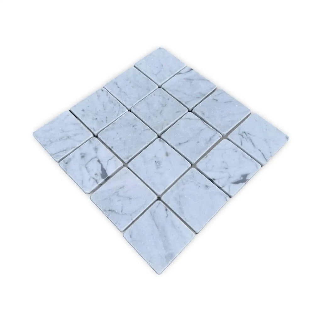 Carrara White 3x3 Tumbled marble mosaic tiles with gray veining