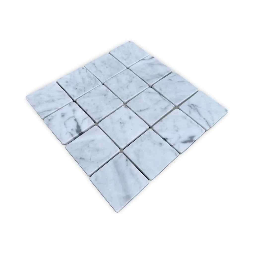 Carrara White 3X3 Tumbled marble mosaic tiles with gray veining