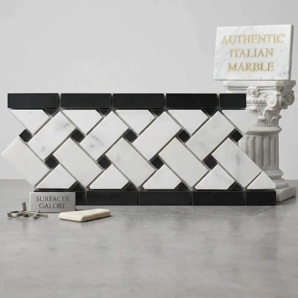 Black and white marble mosaic tile in herringbone pattern with carrara white basketweave black border polished finish
