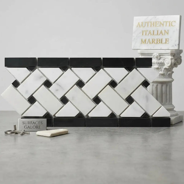 Black and white marble mosaic tile in herringbone pattern with carrara white basketweave black border polished finish