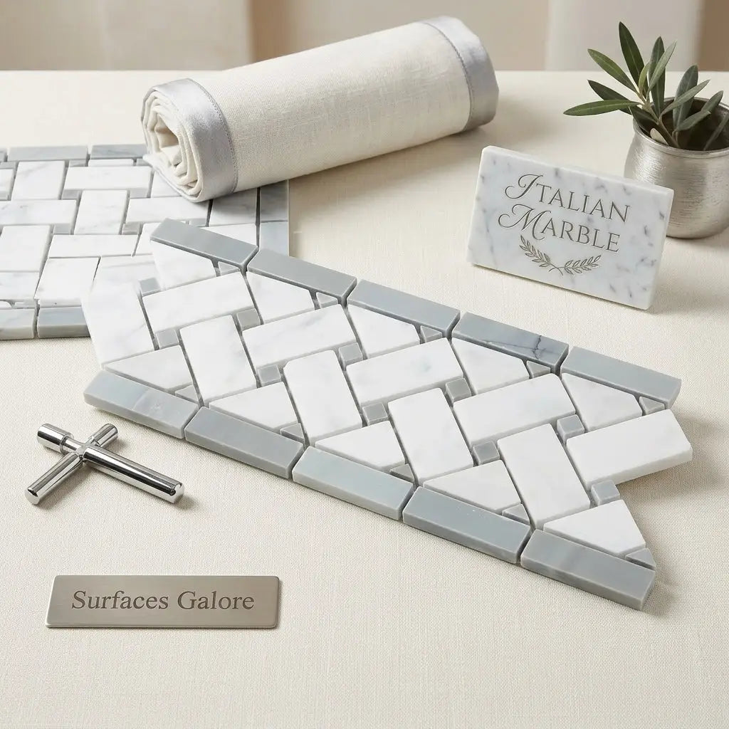 White and gray italian marble mosaic tile with herringbone pattern and blue-gray basketweave border polished or honed