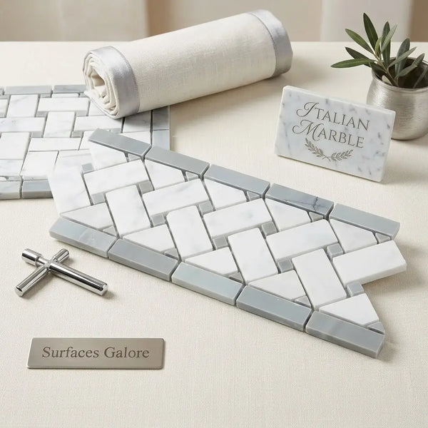 White and gray italian marble mosaic tile with herringbone pattern and blue-gray basketweave border polished or honed