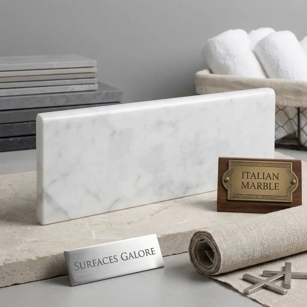 A sleek white carrara marble tile 4x12 polished or honed with subtle gray veining displayed with wood and fabric samples