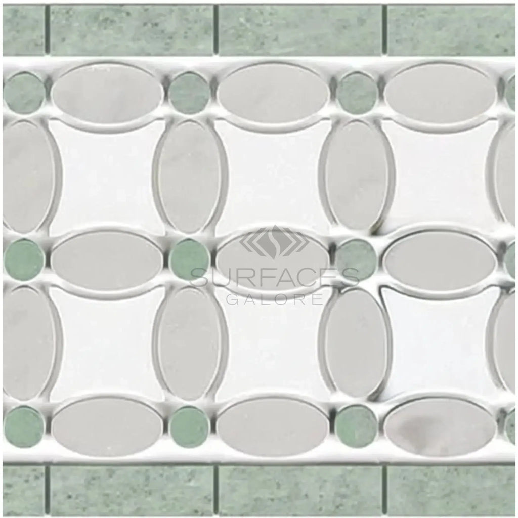 Decorative tile border featuring Carrara White and Ming Green in Florida Flower design