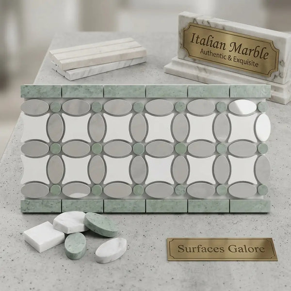 A decorative carrara white marble mosaic tile panel with oval and circular mirror pieces in ming green dots pattern