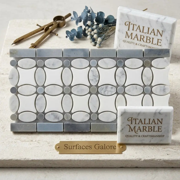 Carrara white 5 3/4x11 1/4 florida flower border Italian marble mosaic tile with white carrara oval and blue-gray dots pattern