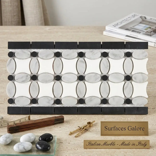 Carrara White 5 3/4x11 1/4 polished marble mosaic tile with black and white geometric florida flower border pattern