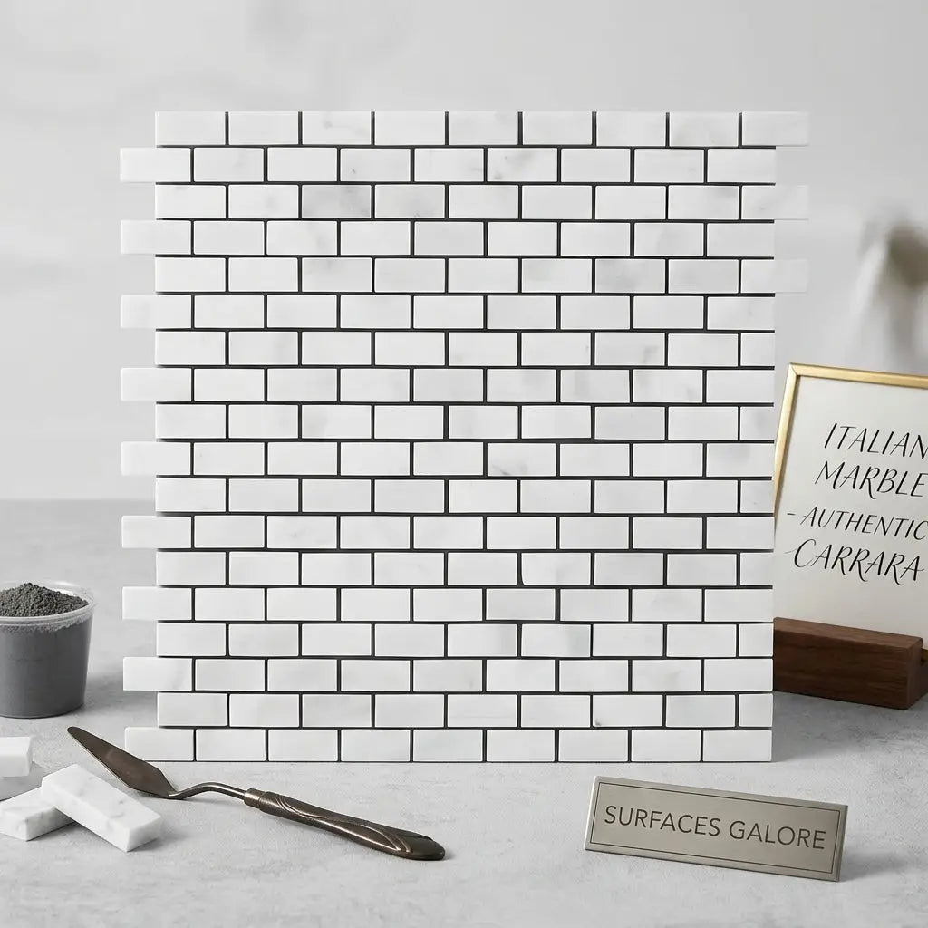 Carrara white mini-brick mosaic marble tile polished with subtle gray veining and black grout in 5/8 by 1 1/4 size