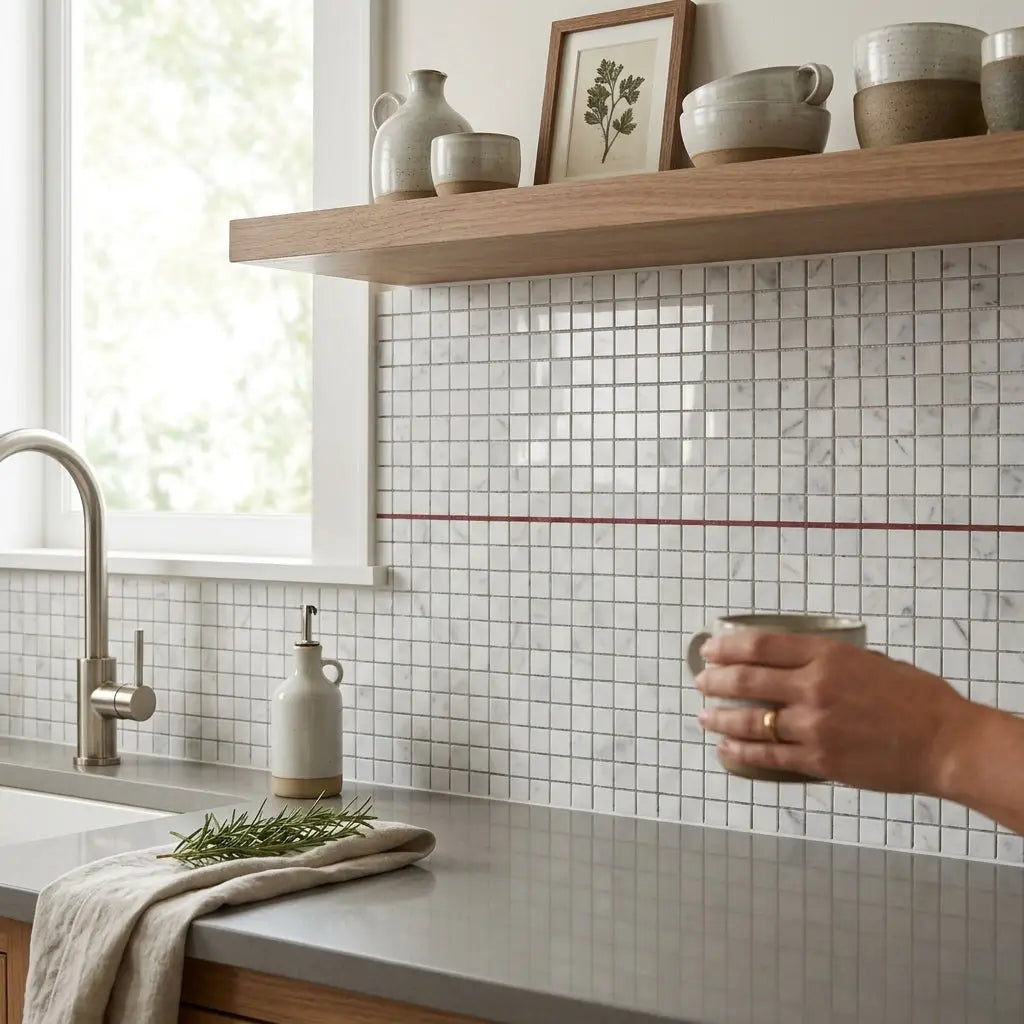 Carrara white 5/8x5/8 polished marble mosaic tile backsplash with white tiles and a single red accent line