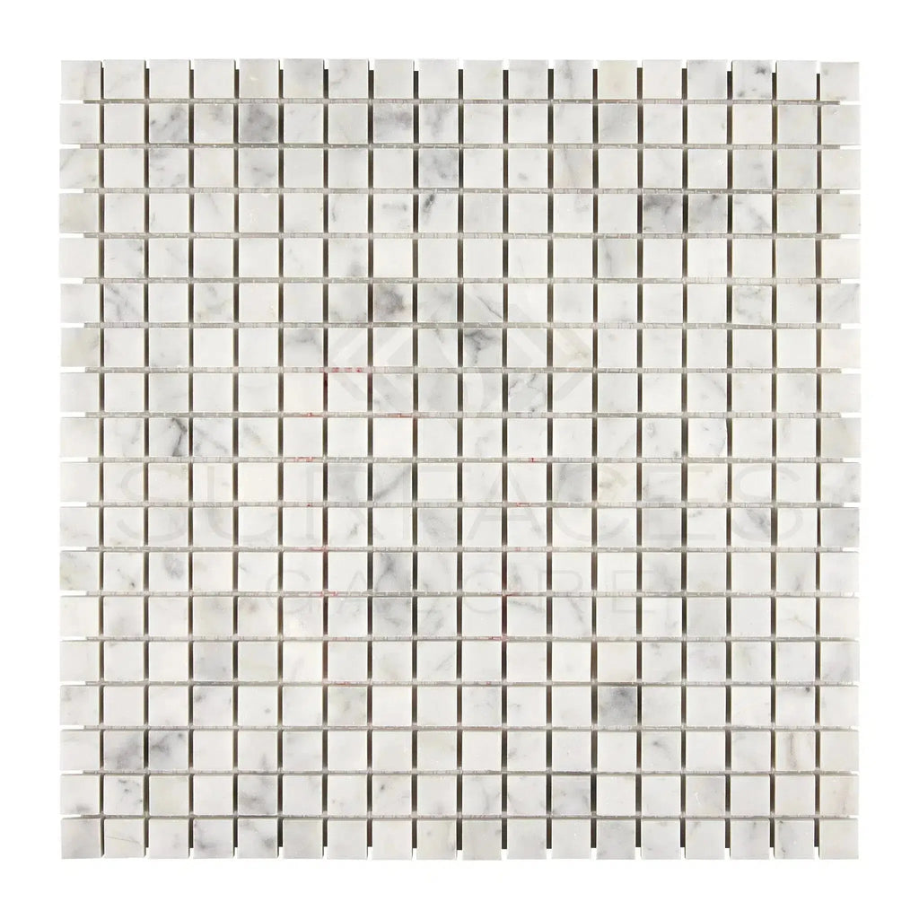 Square marble mosaic tile sheet in Carrara White 5/8X5/8 polished or honed finish