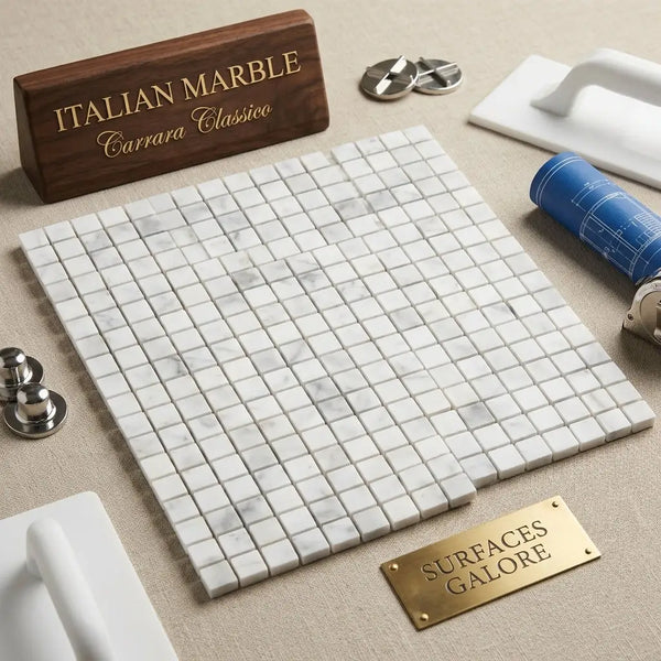 Carrara white 5/8x5/8 mosaic marble tile polished or honed with subtle gray veining arranged in a grid pattern