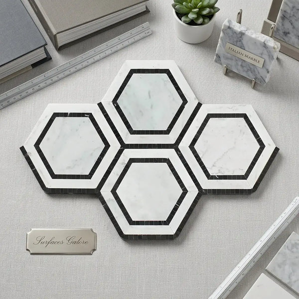 Carrara white 5 inch hexagon combination mosaic marble tile polished with black hexagonal pattern and modern design