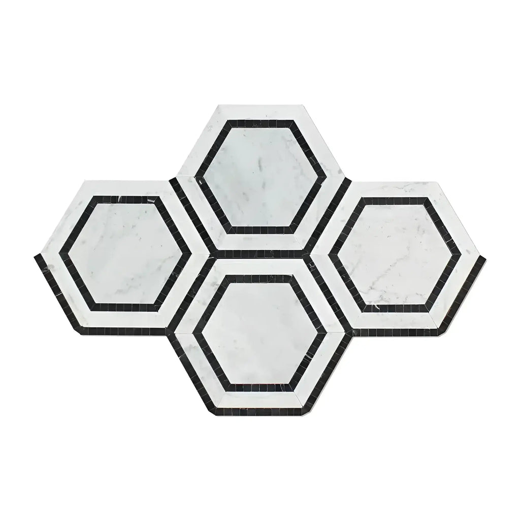 Carrara White 5-inch hexagon combination mosaic marble tile with black accents