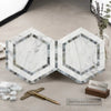 Carrara white 5 inch hexagon mosaic marble tile with silver toned metallic border polished or honed finish