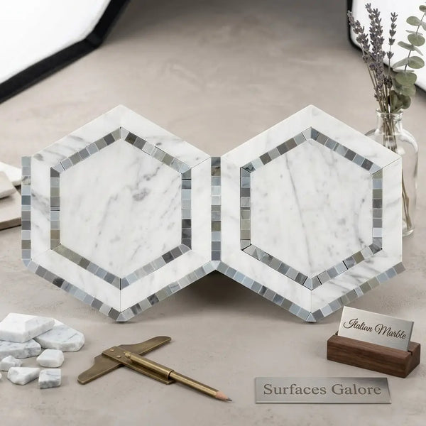 Carrara white 5 inch hexagon mosaic marble tile with silver toned metallic border polished or honed finish