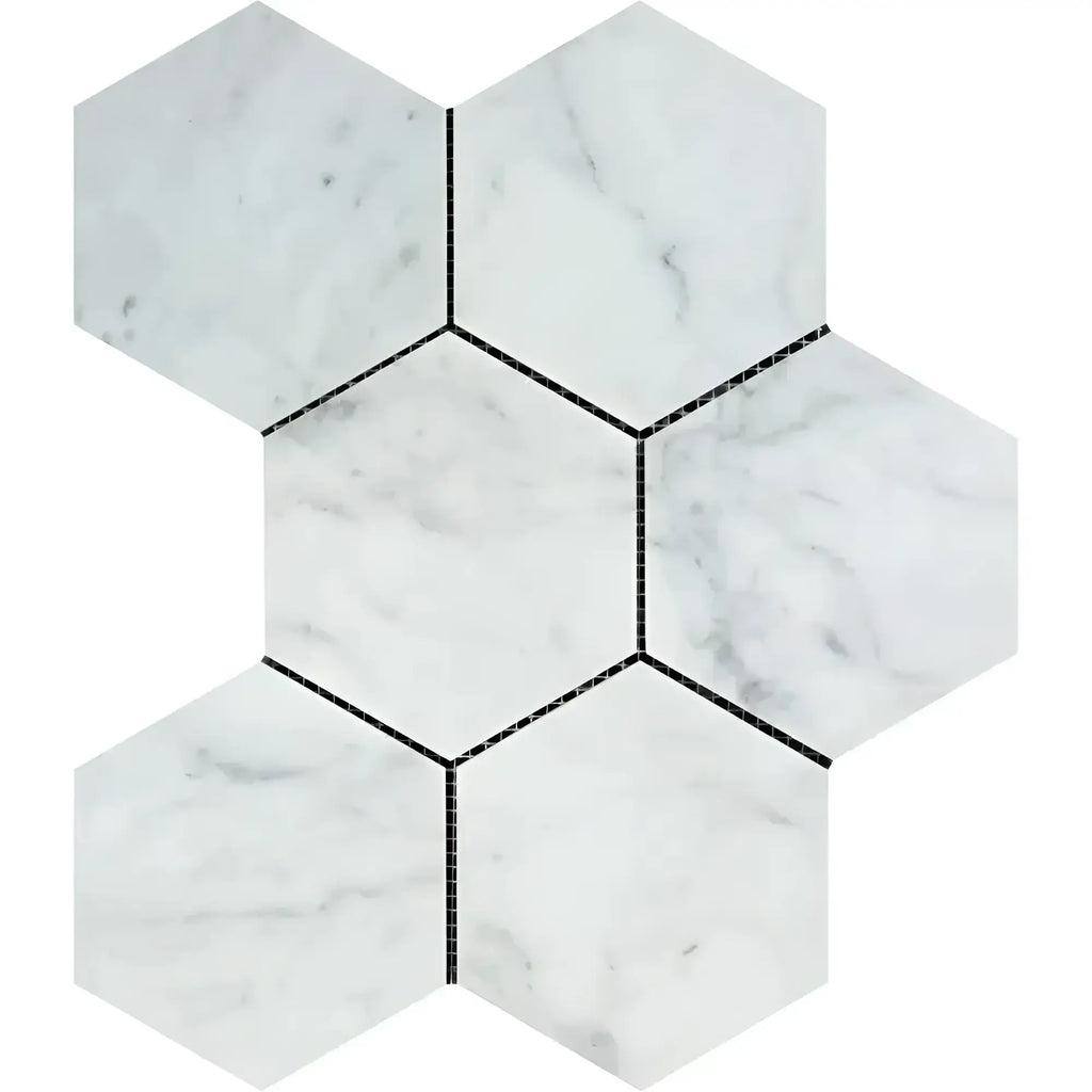 Hexagonal marble tile mosaic featuring Carrara White 5 inch polished or honed finish