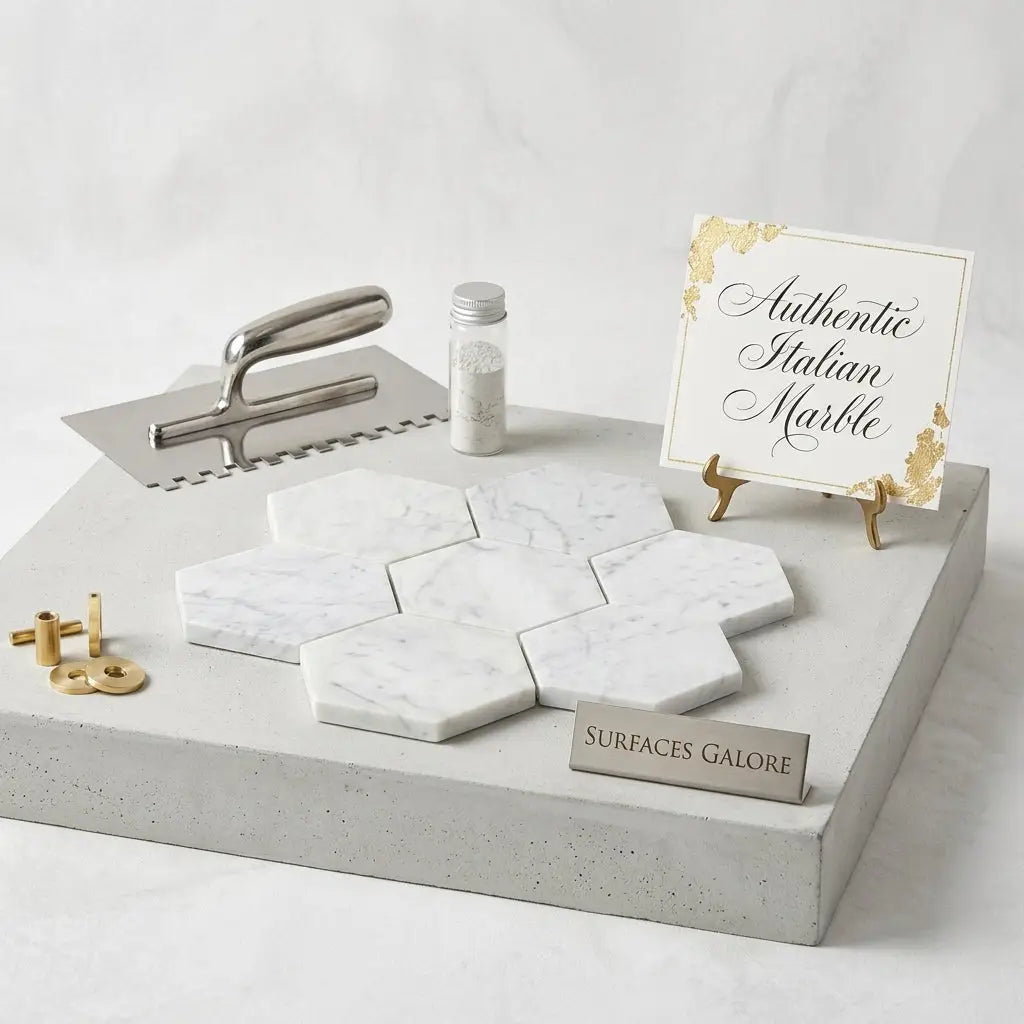 Carrara white 5 inch hexagon mosaic marble tile polished with white hexagonal marble and subtle gray veining arranged