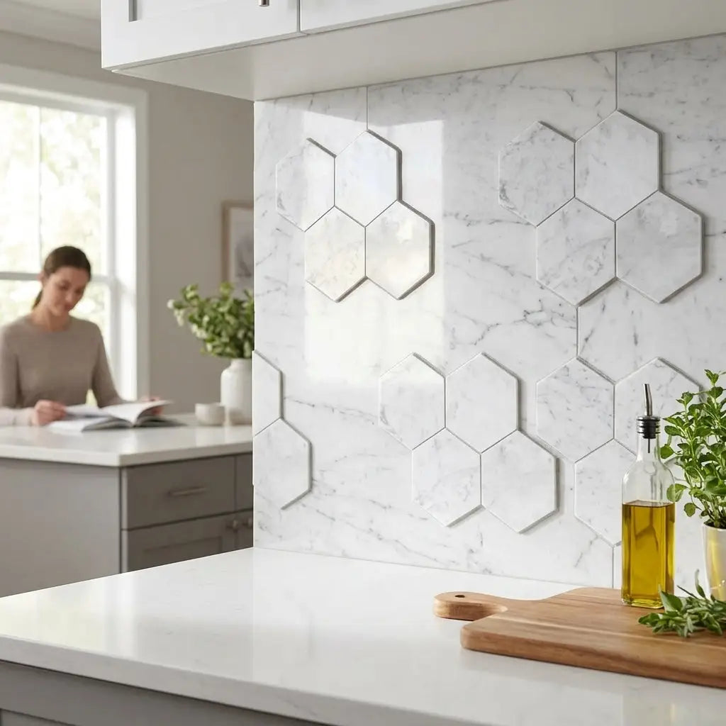 Carrara White 6 inch hexagon mosaic marble tile polished with white marble effect and subtle gray veining pattern