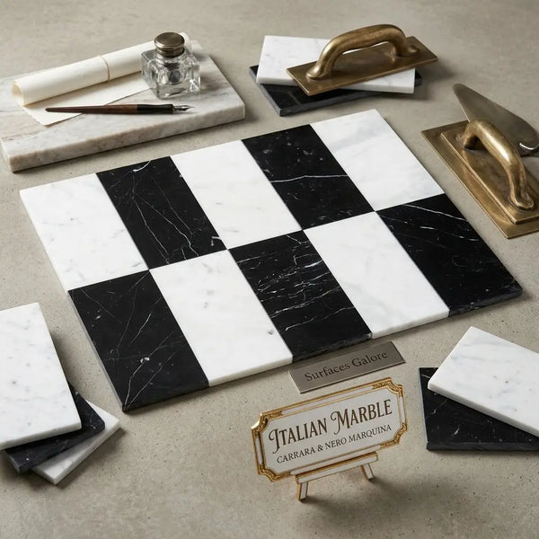 Black and white italian marble tiles carrara white and nero marquina 3x6 set arranged in a classic checkerboard pattern
