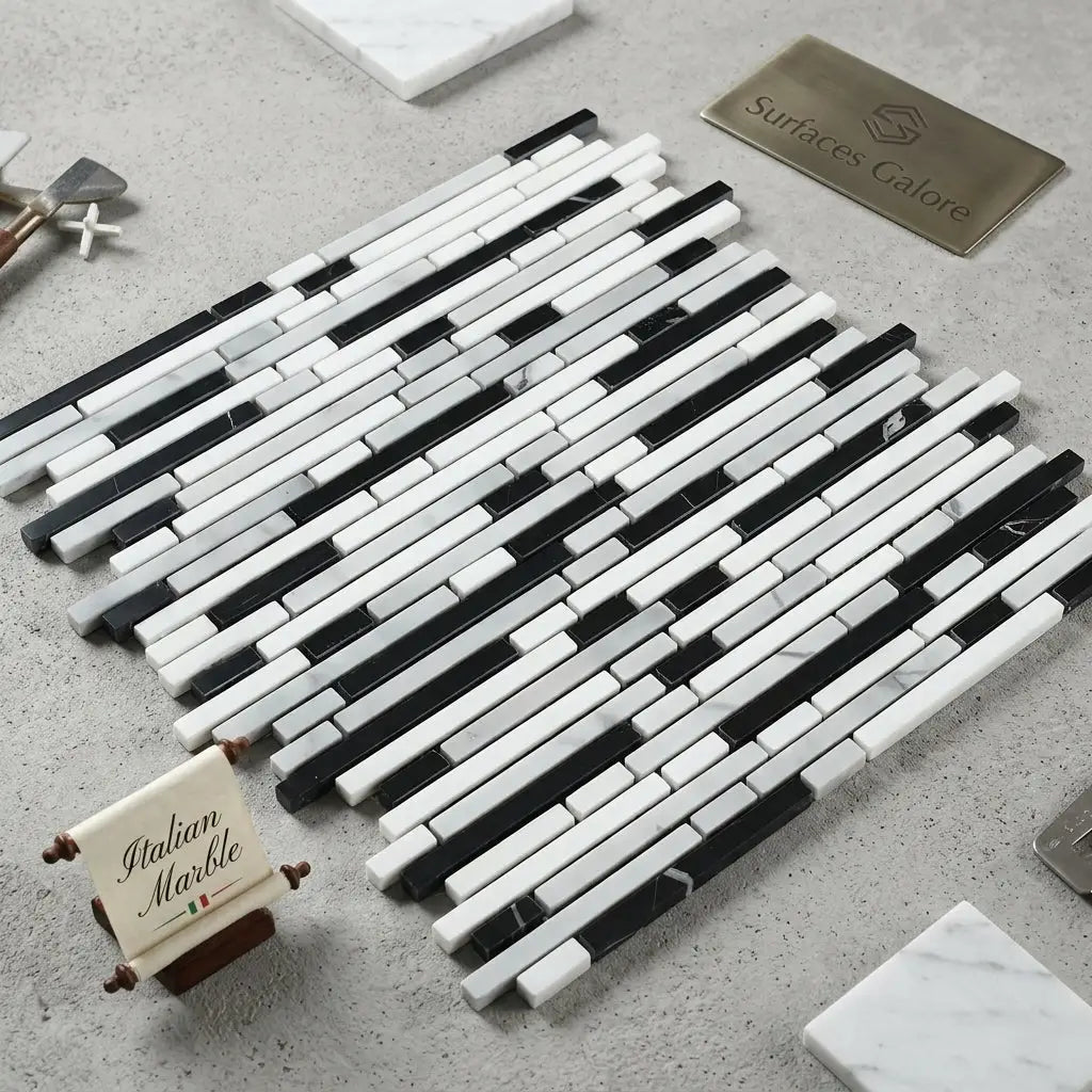 Black and white italian marble mosaic tile strips in piano-key pattern carrara white bamboo sticks polished