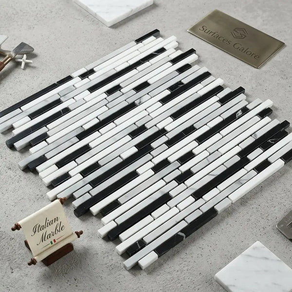 Black and white italian marble mosaic tile strips in piano-key pattern carrara white bamboo sticks polished