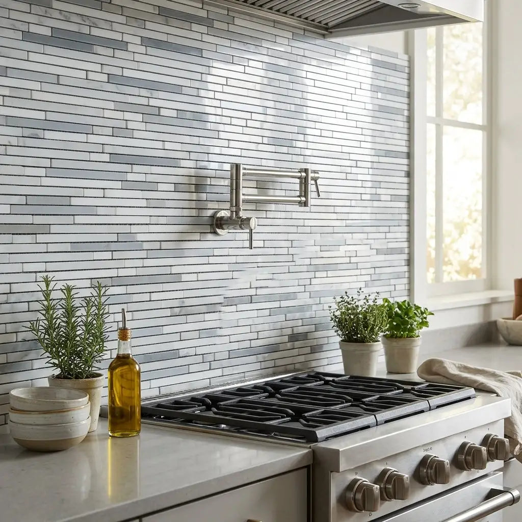 Stainless steel kitchen faucet with sleek modern design and adjustable spray head beside carrara white bamboo sticks mosaic panel