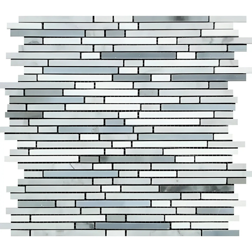 Mosaic tile sheet of Carrara White Bamboo Sticks in polished and honed finishes