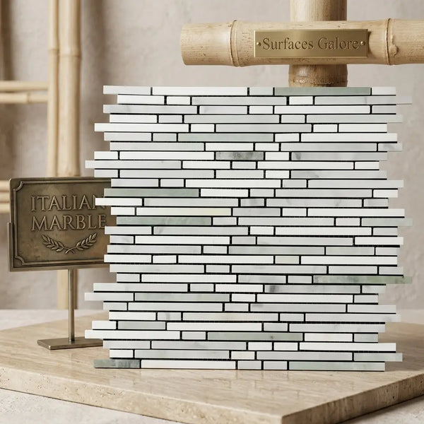 Carrara white bamboo sticks italian marble mosaic tile panel in stacked brick pattern with white and light gray tones