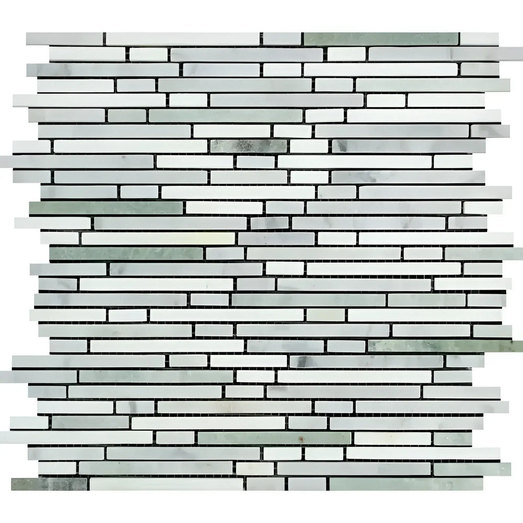Horizontal mosaic tile pattern in Carrara White Bamboo Sticks polished or honed