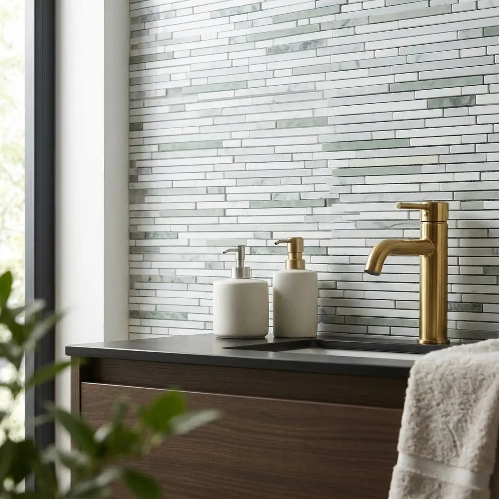 Gold faucet with sleek modern design and polished finish paired with carrara white bamboo sticks mosaic polished