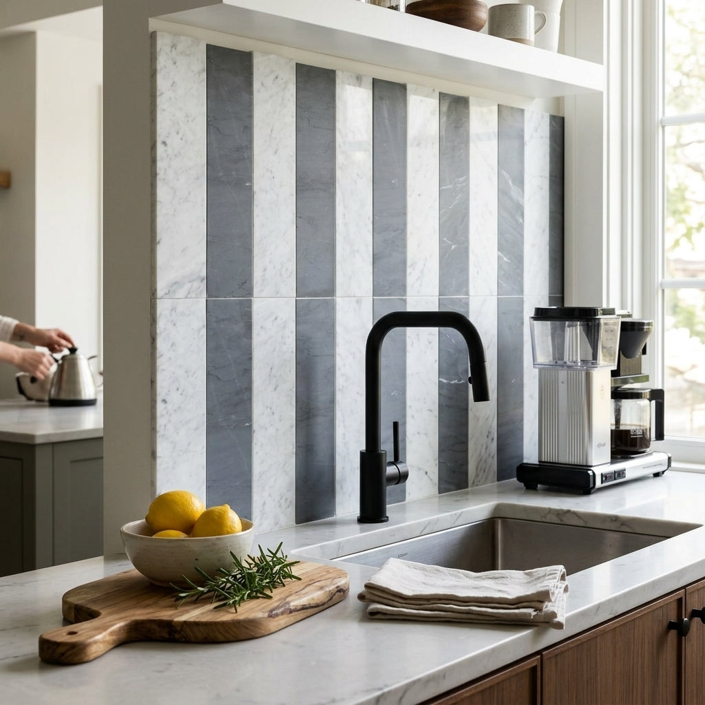 Black gooseneck faucet with matte finish paired with carrara white bardiglio imperiale 3x12 field tile displayed
