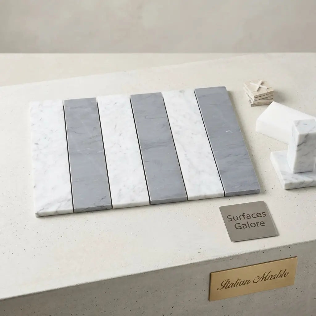 Carrara White Bardiglio Imperiale 3x12 field tile in gray and white Italian marble arranged in alternating stripes